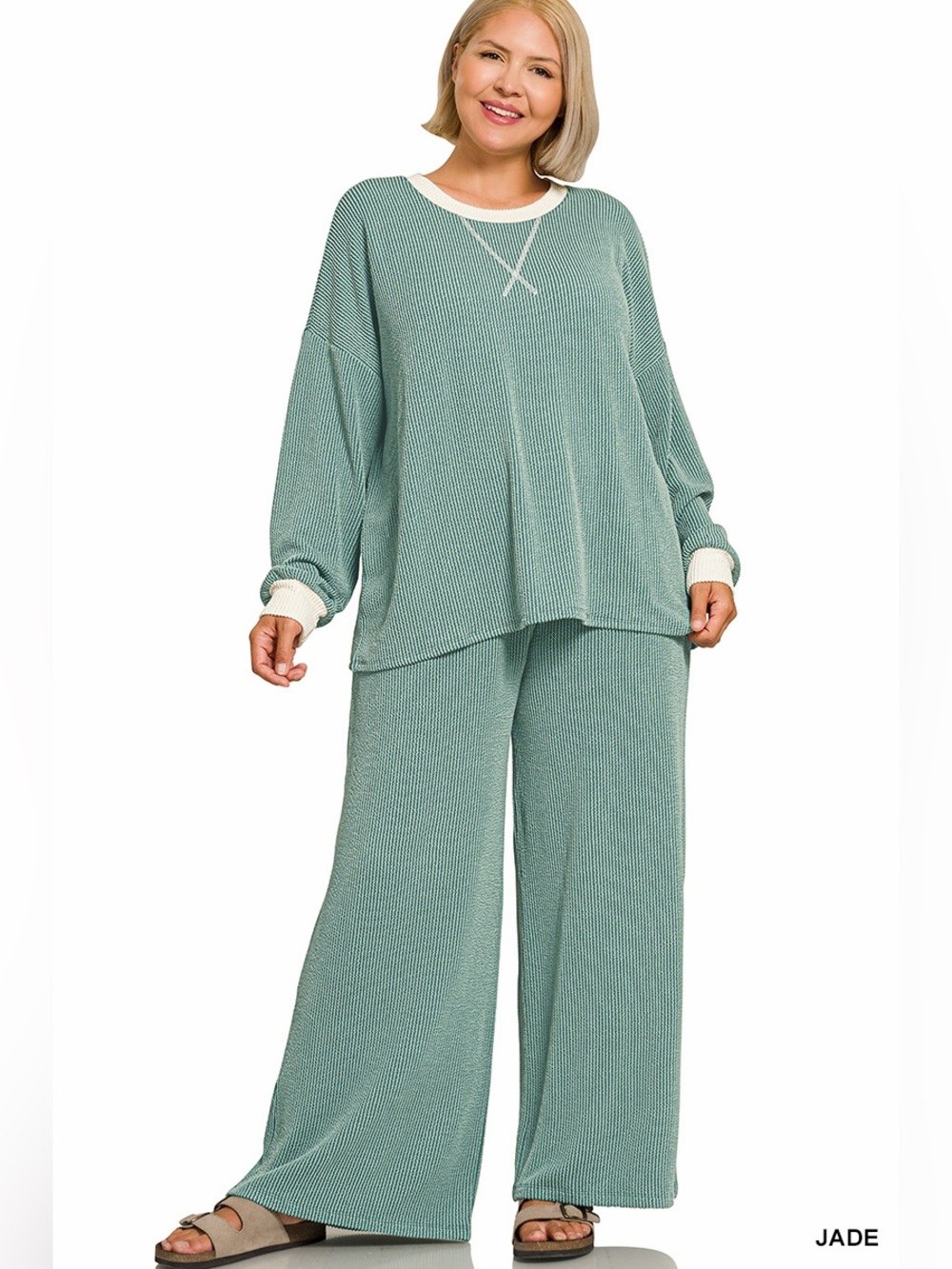 Zenana RAISED RIB ROUND NECK PULLOVER & PANTS SET